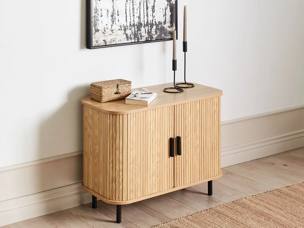 2 Door Sideboard Light Wood BRADLEY con Piano Marmo Sintetico