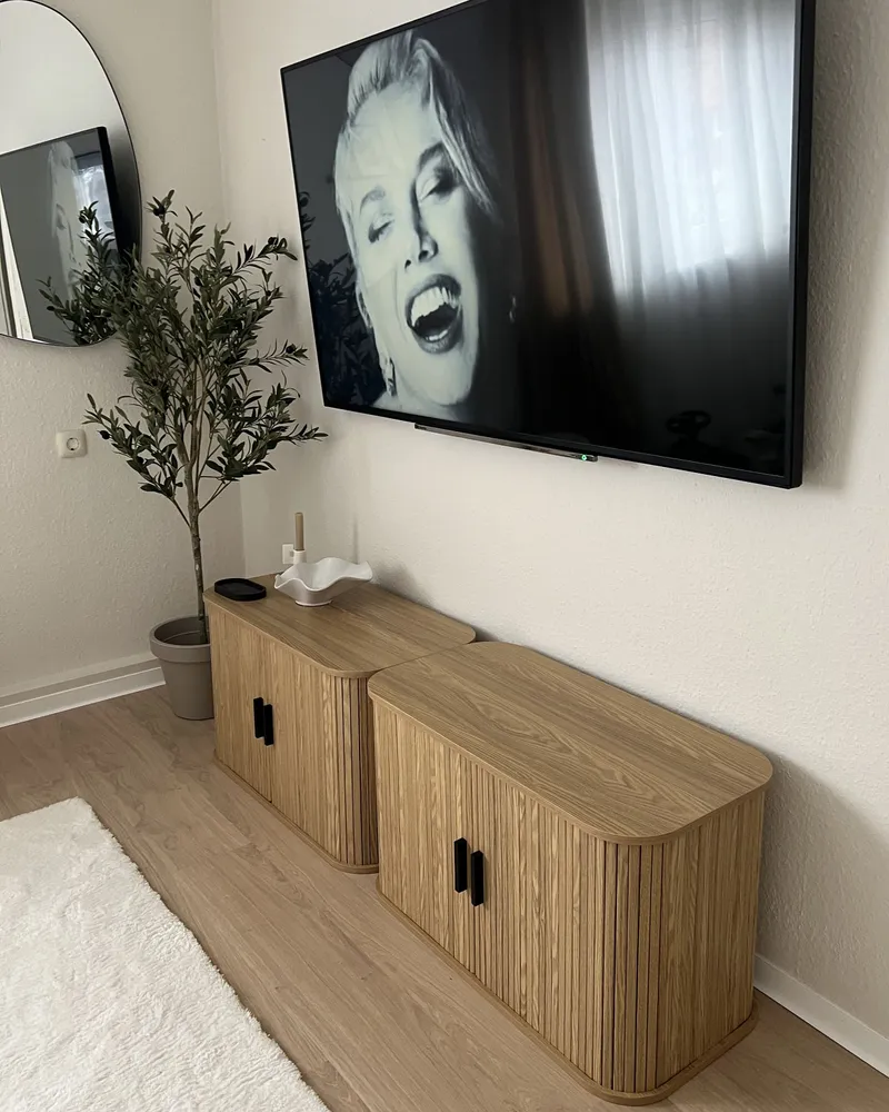 2 Door Sideboard Light Wood BRADLEY con Piano Marmo Sintetico