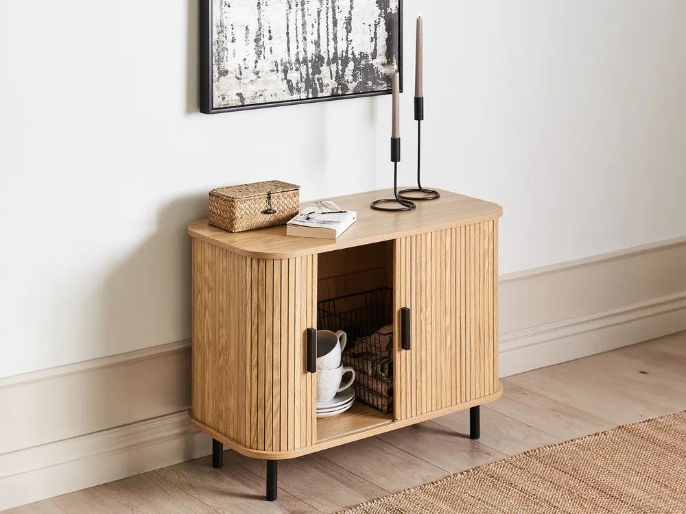 2 Door Sideboard Light Wood BRADLEY con Piano Marmo Sintetico