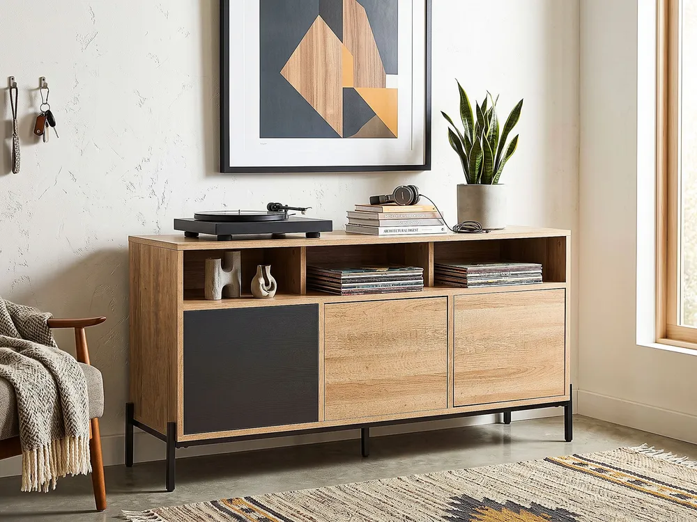 3 Door Sideboard Light Wood and Grey MOINES per Pranzi Famiglia