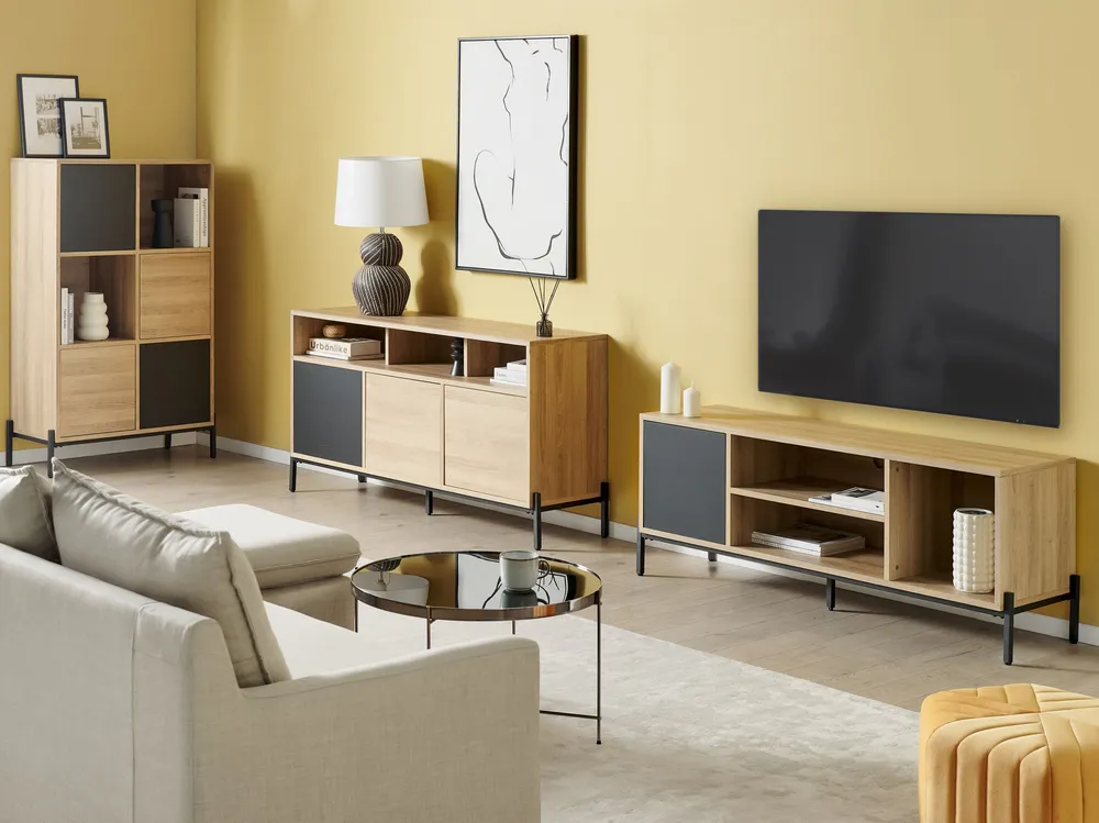 3 Door Sideboard Light Wood and Grey MOINES per Pranzi Famiglia