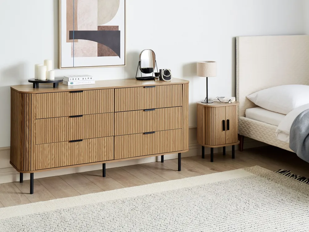 6 Drawer Chest Light Wood BRADLEY con Piano Marmo Sintetico