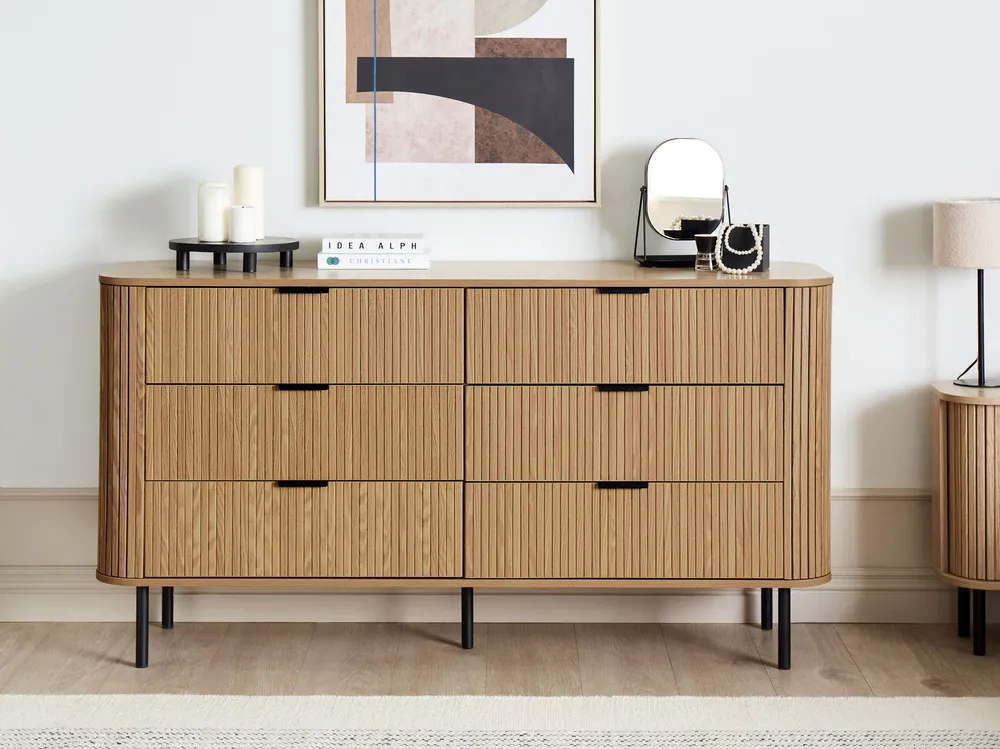 6 Drawer Chest Light Wood BRADLEY con Piano Marmo Sintetico