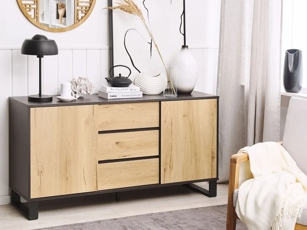 3 Drawer Sideboard Light Wood Nero puro ELDA per Pranzi Famiglia