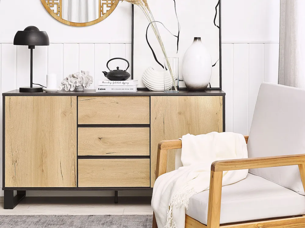 3 Drawer Sideboard Light Wood Nero puro ELDA per Pranzi Famiglia