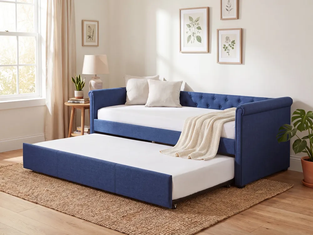 Fabric EU Compatto Single Trundle Bed Blue LIBOURNE