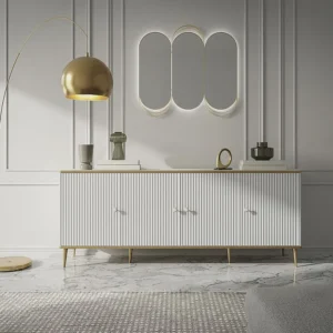 Isola Cucina Credenza con 4 ante MDF e Acciaio Bianco e Dorato SINEAD