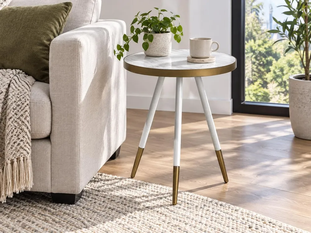 Marble Effect Side Table White Gold RAMONA Set Completo 12 Pezzi