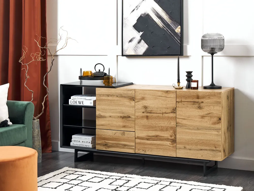 Panchetta con Contenitore 3 Drawer Sideboard Light Wood Nero notte FIORA