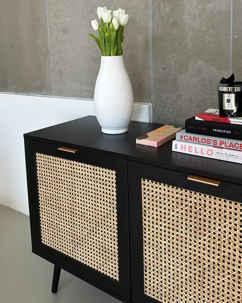 Rattan 3 Door Sideboard Nero notte OPOCO | Resistente all'Umidità e ai Graffi