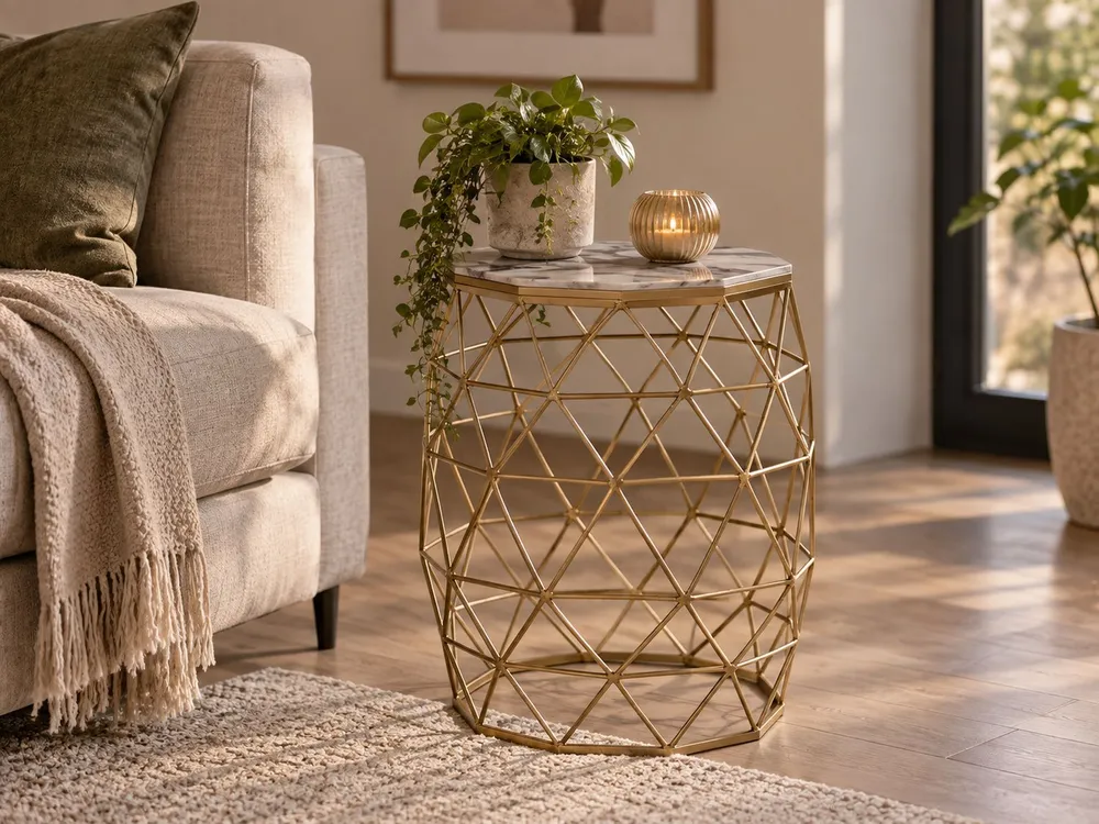 Set Sala da Pranzo Marble Effect Wire Frame Side Table Gold HALSEY
