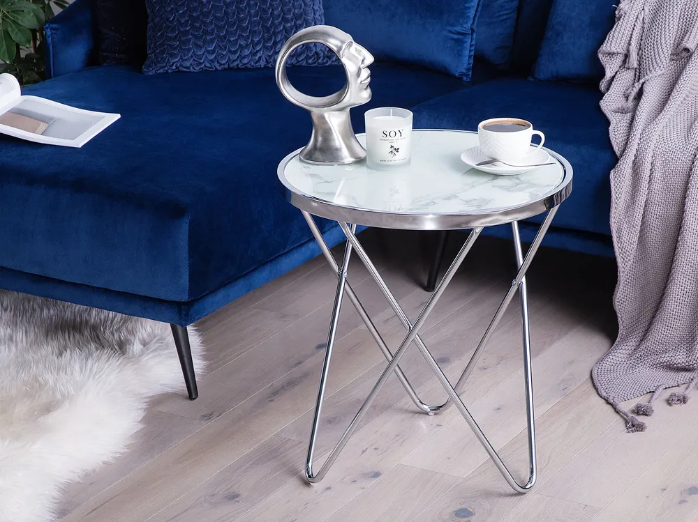 Tavolo Allungabile Marble Effect Side Table White Silver MERIDIAN II