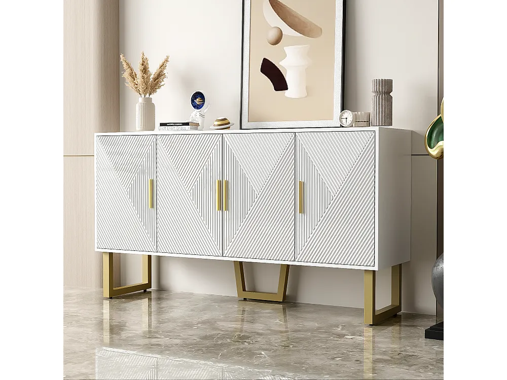 Carrello Portavivande Credenza con 4 ante - 150 x 40 x 82 cm - MDF, pannelli di particelle e metallo - Bianco e oro