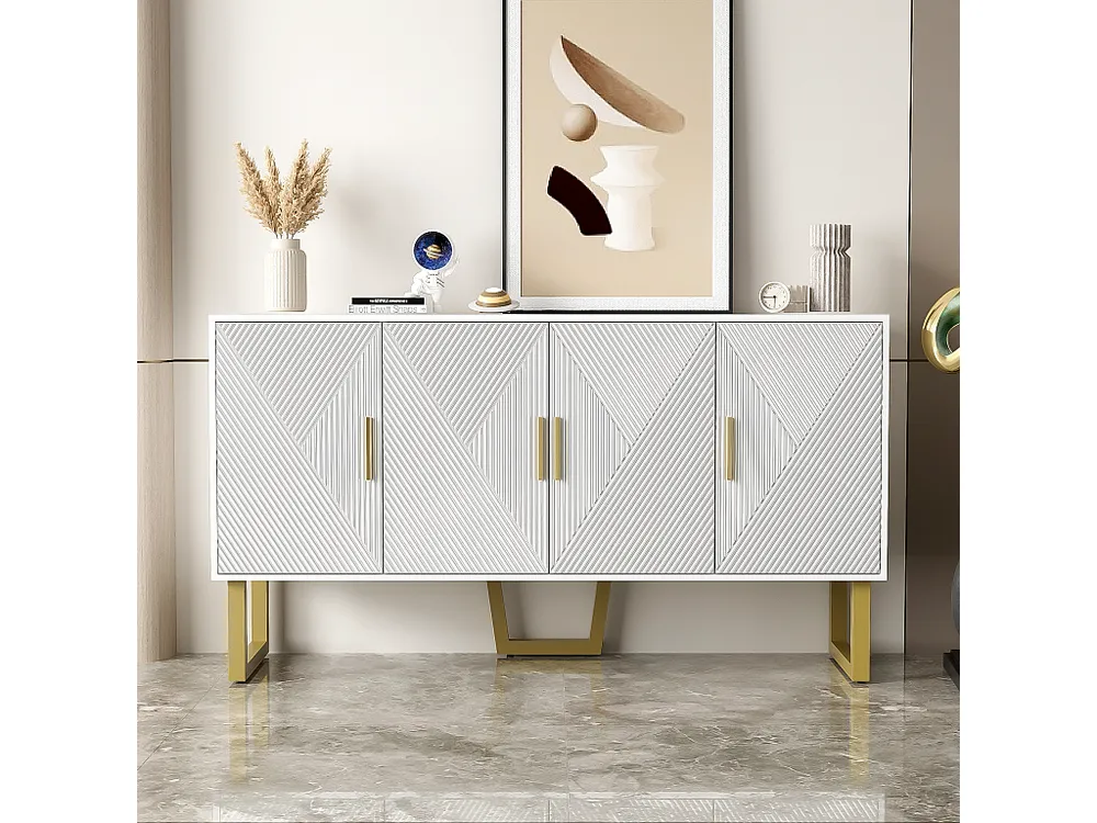 Carrello Portavivande Credenza con 4 ante - 150 x 40 x 82 cm - MDF, pannelli di particelle e metallo - Bianco e oro