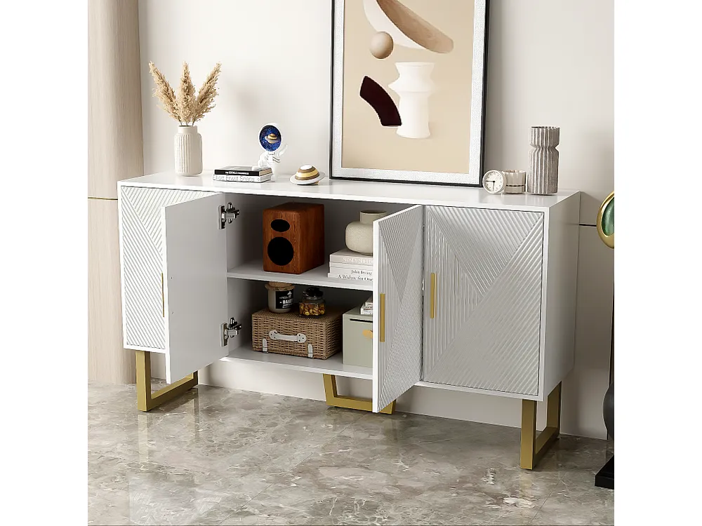 Carrello Portavivande Credenza con 4 ante - 150 x 40 x 82 cm - MDF, pannelli di particelle e metallo - Bianco e oro