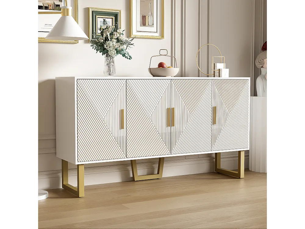 Carrello Portavivande Credenza con 4 ante - 150 x 40 x 82 cm - MDF, pannelli di particelle e metallo - Bianco e oro