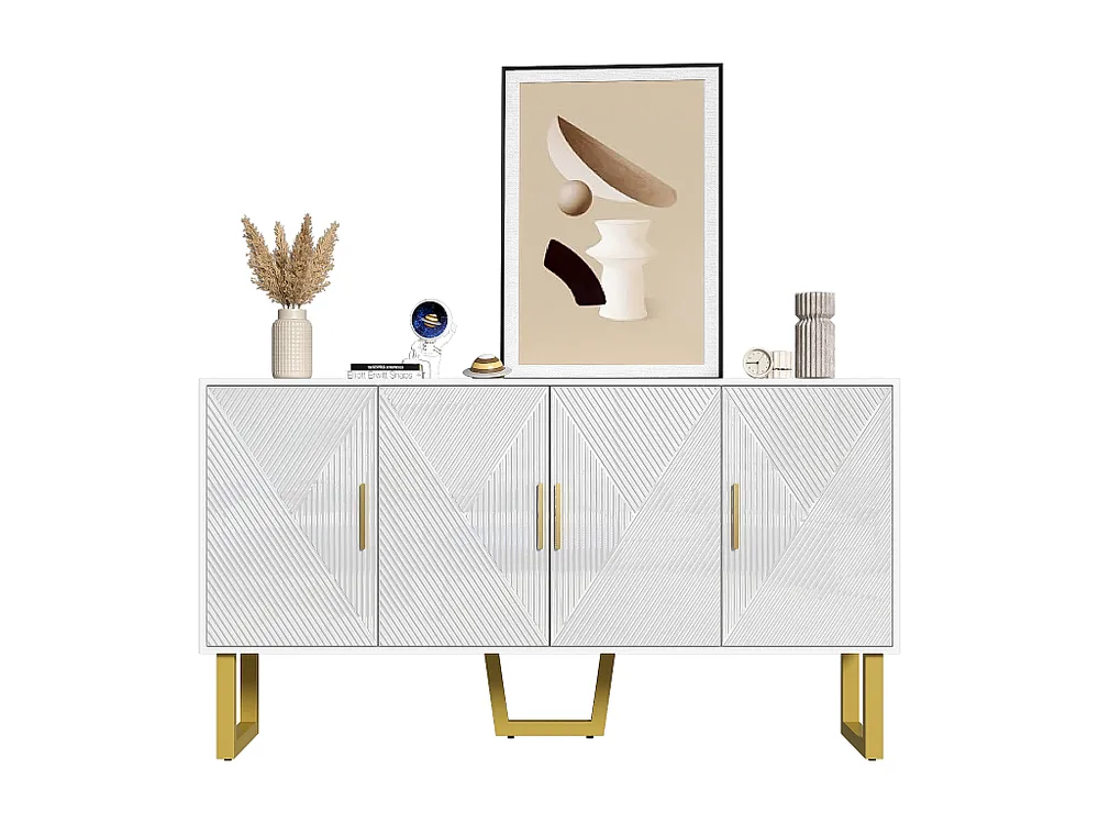 Carrello Portavivande Credenza con 4 ante - 150 x 40 x 82 cm - MDF, pannelli di particelle e metallo - Bianco e oro