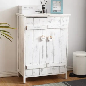 Certificato PEFC/FSC Comodino Mobiletto Doppia Anta Legno Bianco Shabby Chic 70x51x30