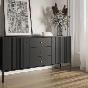 Certificato PEFC/FSC Credenza con 2 ante e 3 cassetti MDF Nero DEMASIA
