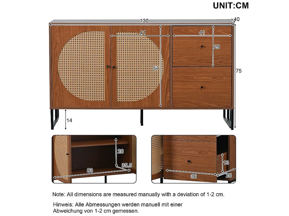 Certificato PEFC/FSC Credenza con 2 ante e 2 cassetti - pannelli di particelle e metallo - noce