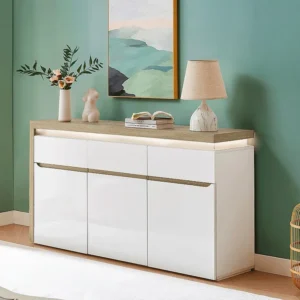 Credenza 3 ante e 3 cassetti con LED MDF Naturale e Bianco laccato VADEMOSA con Cassetti Soft-Close