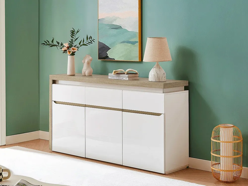 Credenza 3 ante e 3 cassetti con LED MDF Naturale e Bianco laccato VADEMOSA con Cassetti Soft-Close