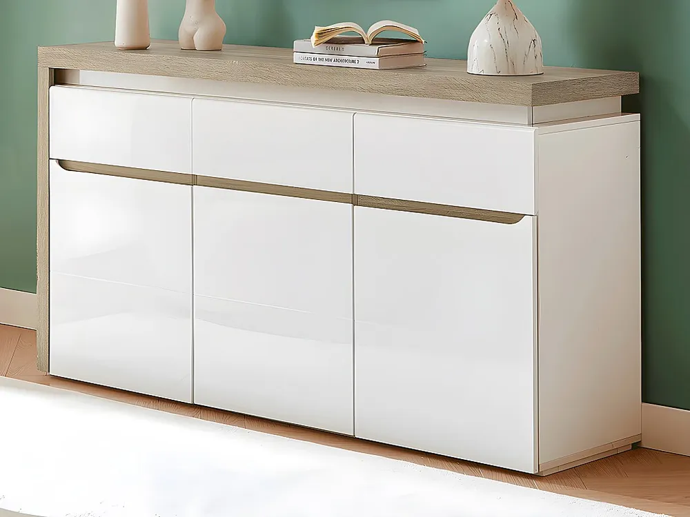 Credenza 3 ante e 3 cassetti con LED MDF Naturale e Bianco laccato VADEMOSA con Cassetti Soft-Close