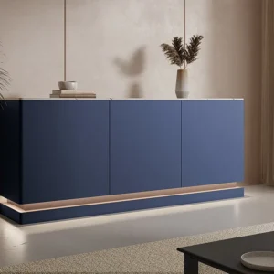 Credenza 3 ante con LED MDF Blu effetto marmo Bianco DEVIKA di Pascal MORABITO Facile Montaggio