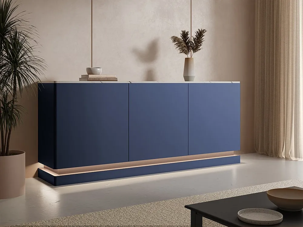Credenza 3 ante con LED MDF Blu effetto marmo Bianco DEVIKA di Pascal MORABITO Facile Montaggio
