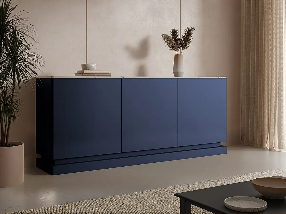 Credenza 3 ante con LED MDF Blu effetto marmo Bianco DEVIKA di Pascal MORABITO Facile Montaggio