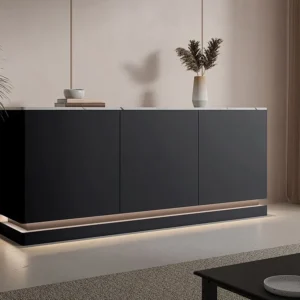 Credenza 3 ante con LED MDF Nero ed effetto marmo Bianco DEVIKA di Pascal MORABITO Set Completo 12 Pezzi