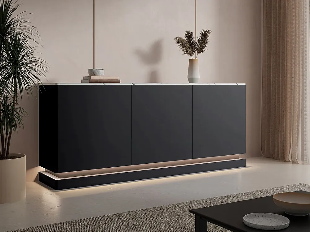 Credenza 3 ante con LED MDF Nero ed effetto marmo Bianco DEVIKA di Pascal MORABITO Set Completo 12 Pezzi