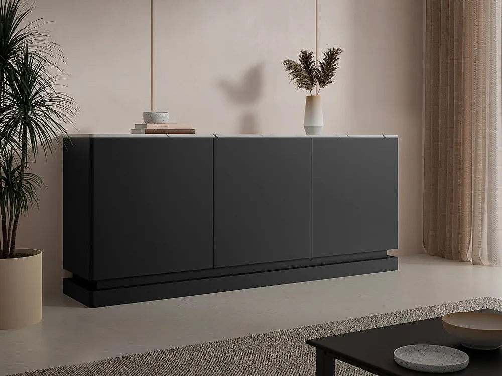 Credenza 3 ante con LED MDF Nero ed effetto marmo Bianco DEVIKA di Pascal MORABITO Set Completo 12 Pezzi
