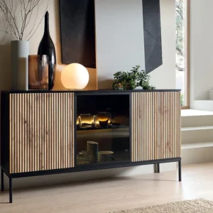 Credenza 3 ante con LED MDF e Vetro fumé Naturale e Nero OVILA Design Industriale