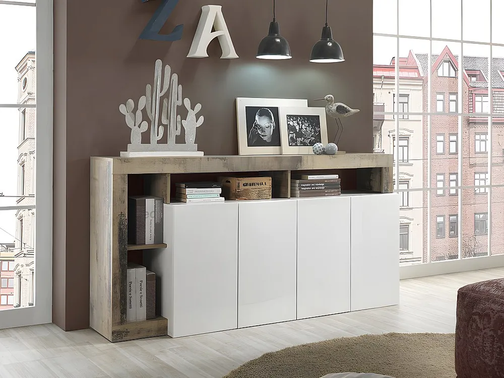 Credenza 4 ante e 4 nicchie Bianco laccato e Rovere SEFRO Stile Rustico