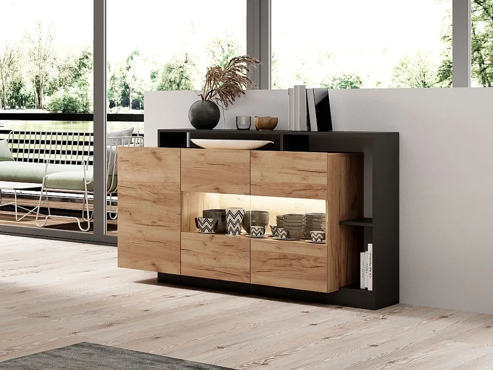 Credenza 3 ante e 3 nicchie con LED Naturale e Antracite IDESIA Set Completo 12 Pezzi