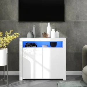 Credenza bassa bianca lucida con 2 ante e 1 nicchia - LED - Pannelli particelle di legno - per cucina soggiorno - 120 x 40...