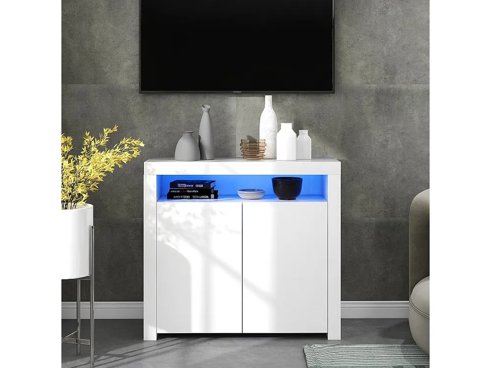 Credenza bassa bianca lucida con 2 ante e 1 nicchia - LED - Pannelli particelle di legno - per cucina soggiorno - 120 x 40...