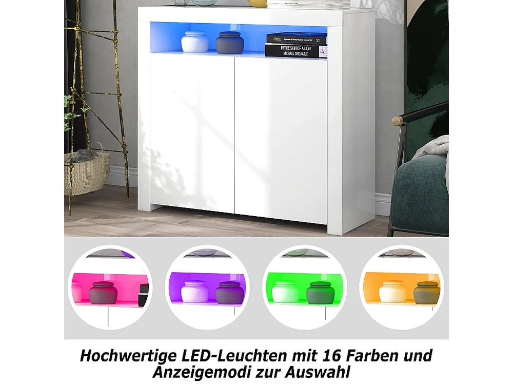 Credenza bassa bianca lucida con 2 ante e 1 nicchia - LED - Pannelli particelle di legno - per cucina soggiorno - 120 x 40...