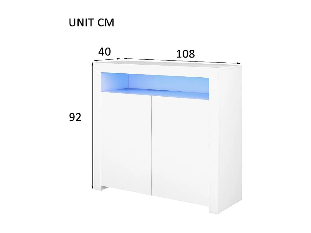 Credenza bassa bianca lucida con 2 ante e 1 nicchia - LED - Pannelli particelle di legno - per cucina soggiorno - 120 x 40...