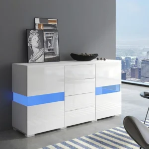 Credenza bassa con 2 ante e 4 cassetti, LED, lucida, pannelli di particelle di legno, stile attuale, bianco