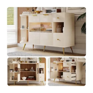 Credenza bassa con 2 ante, 2 cassetti e vani giorno - 130x40x80 cm - LED - Legno MDF - per sala da pranzo - Nocciola