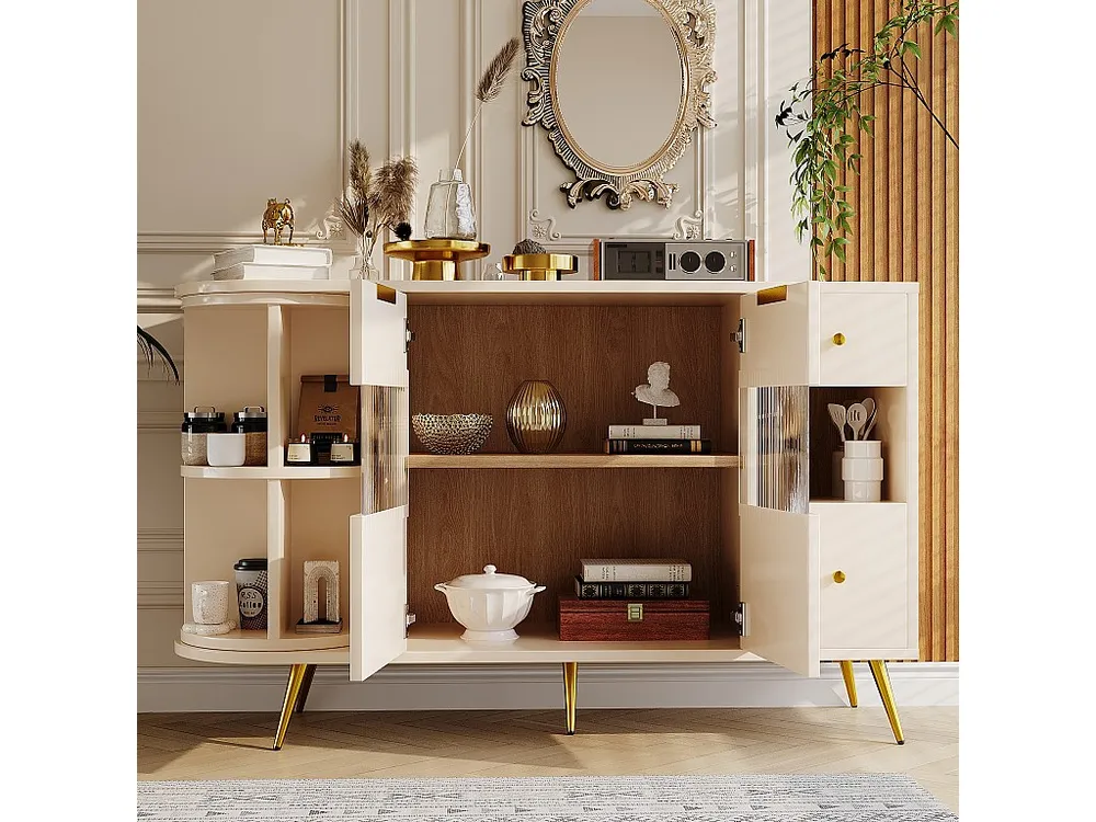 Credenza bassa con 2 ante, 2 cassetti e vani giorno - 130x40x80 cm - LED - Legno MDF - per sala da pranzo - Nocciola