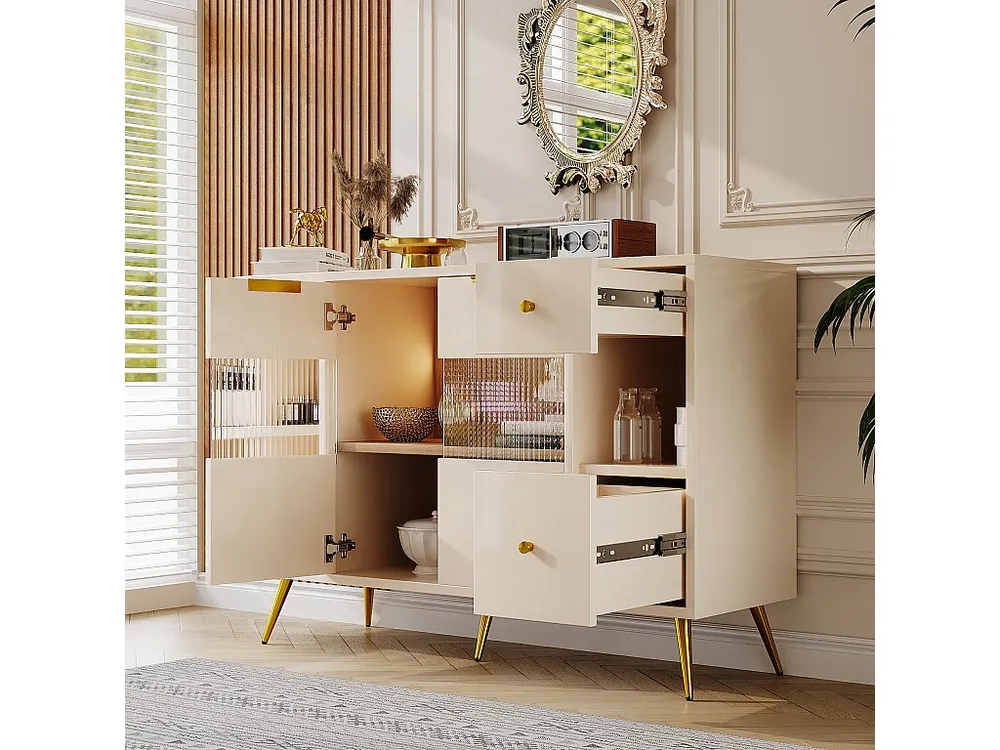 Credenza bassa con 2 ante, 2 cassetti e vani giorno - 130x40x80 cm - LED - Legno MDF - per sala da pranzo - Nocciola