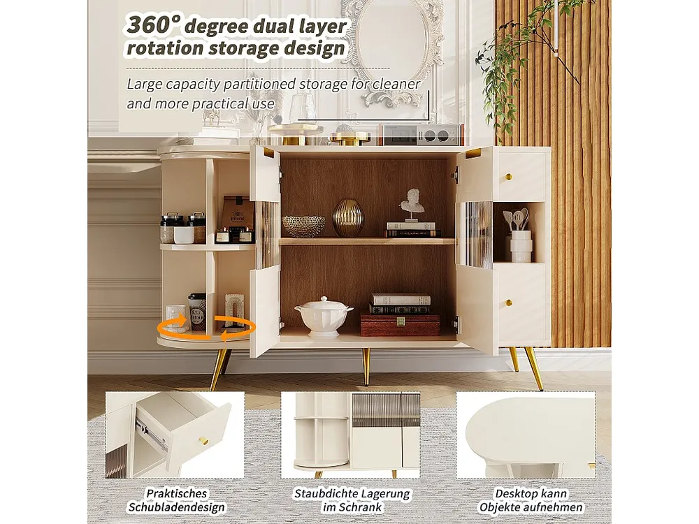 Credenza bassa con 2 ante, 2 cassetti e vani giorno - 130x40x80 cm - LED - Legno MDF - per sala da pranzo - Nocciola