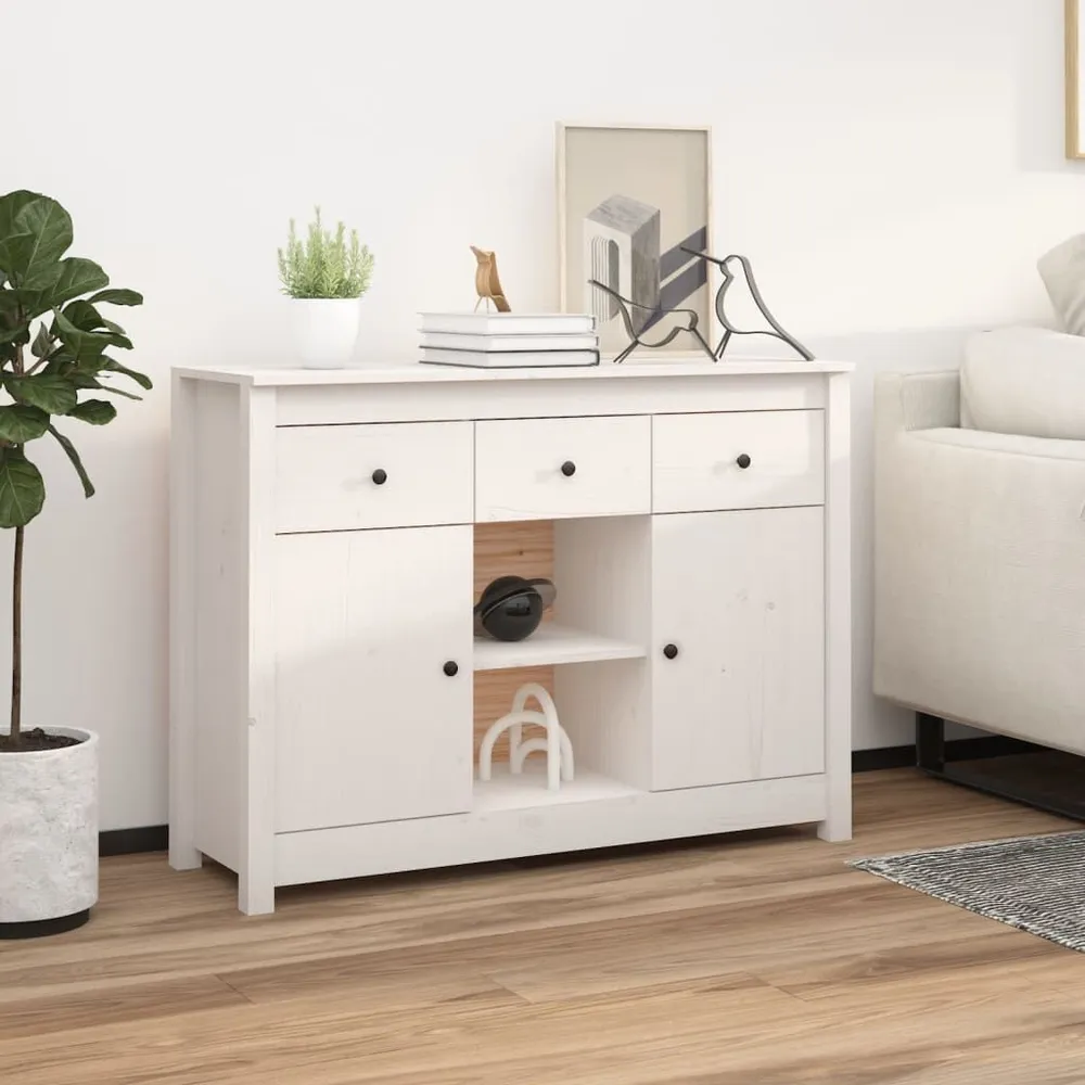 Credenza Bianca 100x35x74,5 cm Legno Massello di Pino