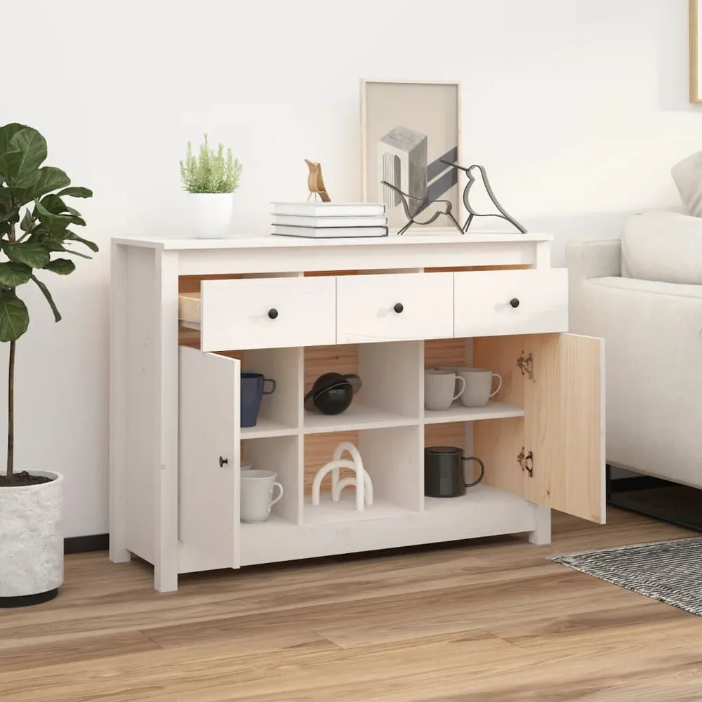 Credenza Bianca 100x35x74,5 cm Legno Massello di Pino