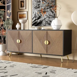 Credenza con 4 ante - 160 x 40 x 75 cm - MDF e pannelli di particelle - Nero e naturale Set Completo 12 Pezzi