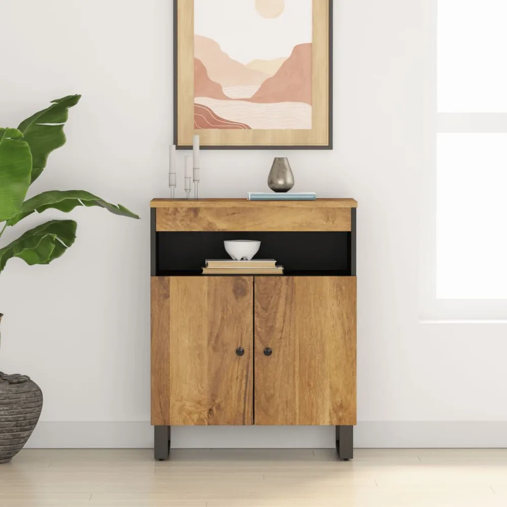 Credenza con 2 Ante 60x33x75 cm Legno Massello di Mango con Cassetti Soft-Close