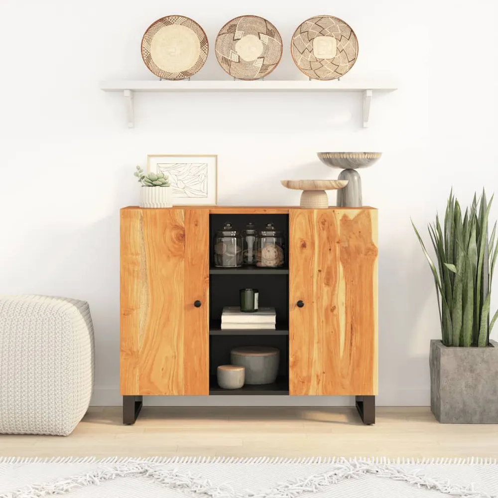 Credenza con 2 Ante 90x33x75 cm Legno Massello di Acacia